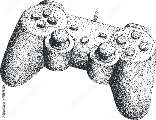 A detailed illustration of a classic video game controller showcasing its buttons and design.