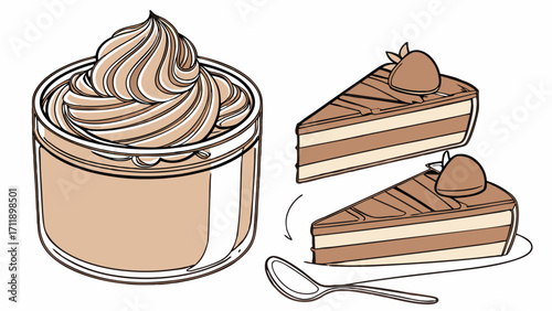 Dessert illustration Whipped cream drink and layered cake slices.
