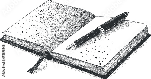 An artistic illustration of an open notebook with a pen resting on the pages.