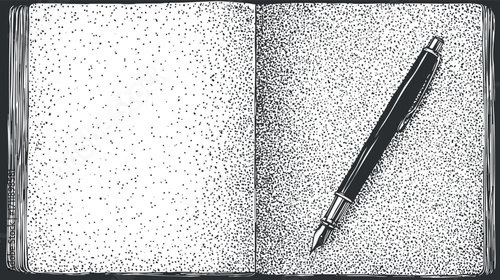An empty notebook with a fountain pen resting on its pages, ideal for writing or sketching.
