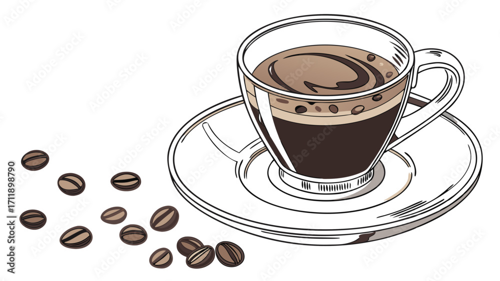 Obraz premium Espresso Coffee Drink in Glass Cup with Beans Illustration Cafe Menu Design Hot Beverage Coffee Shop Graphic Coffee Beans Scattered.