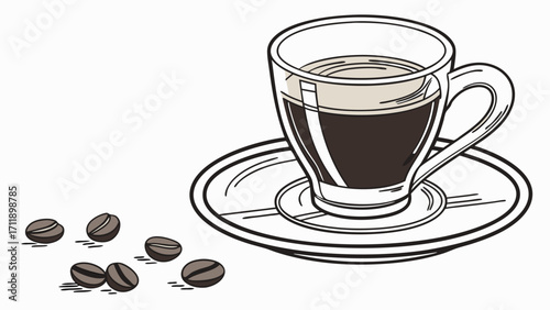 Espresso coffee in glass cup with saucer and coffee beans illustration menu design cafe restaurant bistro coffee shop morning beverage hot drink caffeine energy drink dark roast coffee.