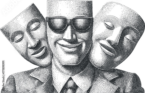Illustration of a person surrounded by two masks conveying different emotions and personalities.