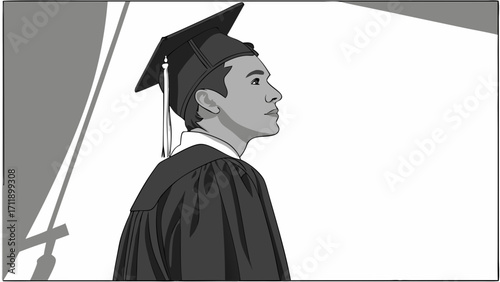 Graduate in cap and gown profile view monochrome illustration academic achievement success future education commencement ceremony graduation day black and white simple design vector a.