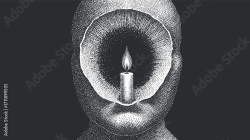 Conceptual illustration of a human silhouette with a candle and flower shape symbolizing enlightenment.