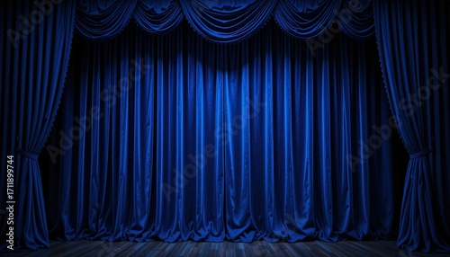 Wallpaper Mural A rich, deep blue stage curtain, draping a dark, theatrical setting, bathed in a focused light. Torontodigital.ca