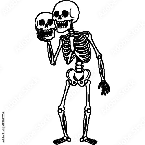 Skeleton image: An image of a skeleton standing with a skull in its hand, which can be used for anatomy, scientific research, or as a symbolic illustration.