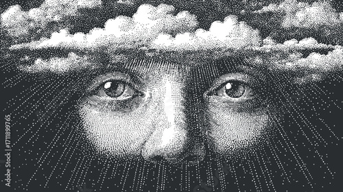 An artistic illustration of a face emerging from clouds with expressive eyes and rays of light.