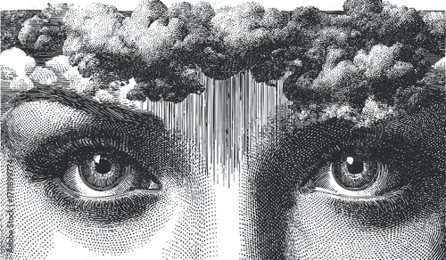 Surreal illustration of eyes with clouds above, representing dreams and creative thoughts.