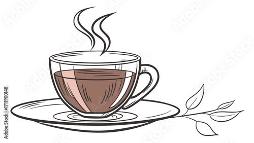 Hot beverage in a glass cup with saucer and leaves illustration perfect for menu cafe restaurant or tea brand design.