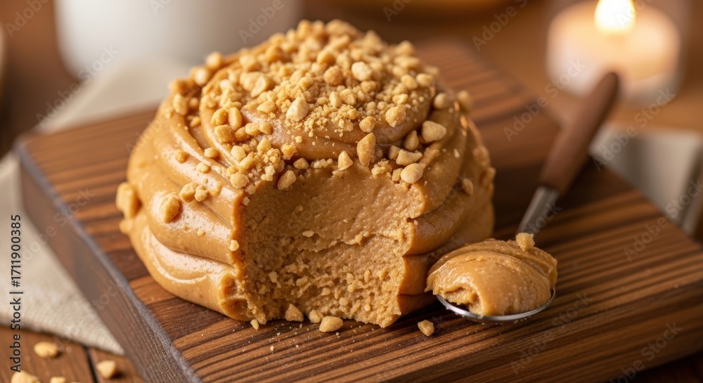 Fototapeta premium Close-up shot of a peanut butter dessert, topped with crushed peanuts, on a wooden board.