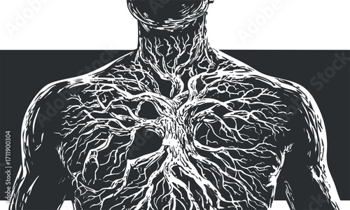 Artistic illustration of a human body with tree-like roots symbolizing life and connection to nature.