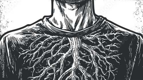 A creative illustration depicting roots emerging from a human torso symbolizing connection and growth.