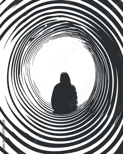 A silhouette figure sits at the center of a spiraling black and white tunnel design.