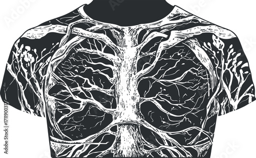 A creative illustration of a tree design integrated into a shirt graphic concept.