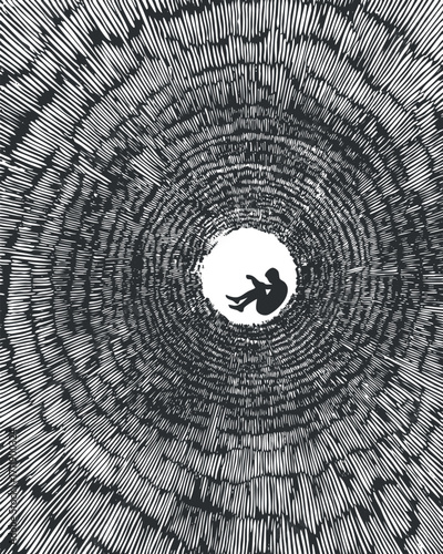 A captivating abstract illustration depicting a silhouette figure in a circular vortex pattern.