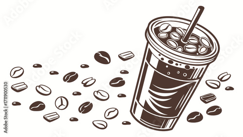 Ice Coffee in Disposable Cup with Coffee Beans and Sugar Cubes Illustration.