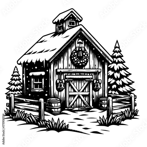 A barn decorated for Christmas with snow falling vector image illustration