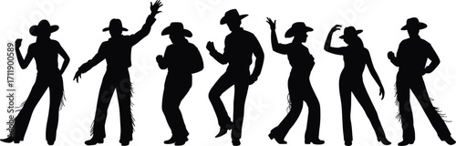 Silhouette cowboy dancers, western dance, country style, line dancing, performance art, rodeo fashion
