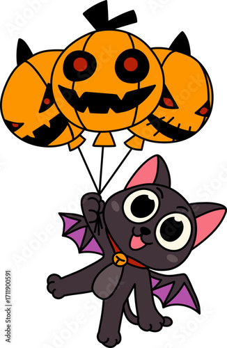 Bat Cat Flying with Halloween Pumpkin Balloons (Color Outline Illustration)