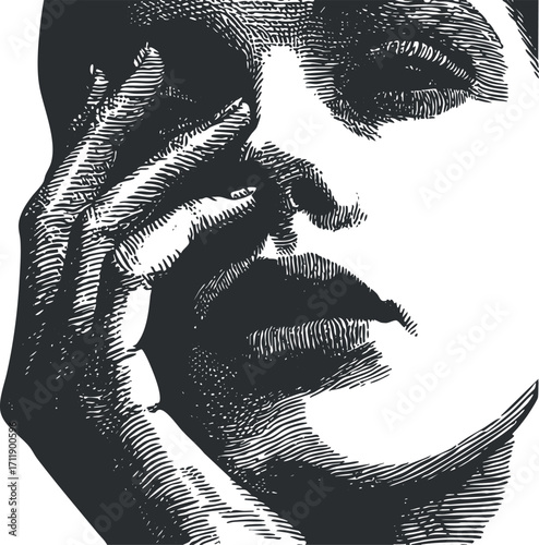 Stylized black and white portrait of a woman showcasing emotion and beauty through line art.