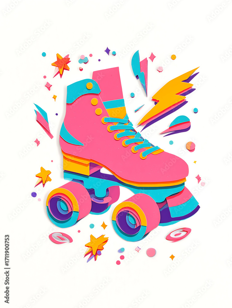 Obraz premium Layered paper cut illustration of a retro roller skate in pastel pink with rainbow wheels, stars, sparkles, and lightning bolts in bright colors on a white background. Optional motion lines for moveme