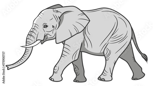 Illustration of an elephant walking African animal wildlife gray tusks mammal cartoon vector drawing side view nature zoology fauna safari jungle forest wildlife art animal illus.