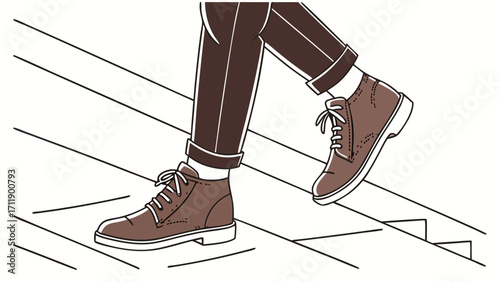 Illustration of Legs and Brown Boots Walking Upstairs Fashion Footwear Minimalist Style.