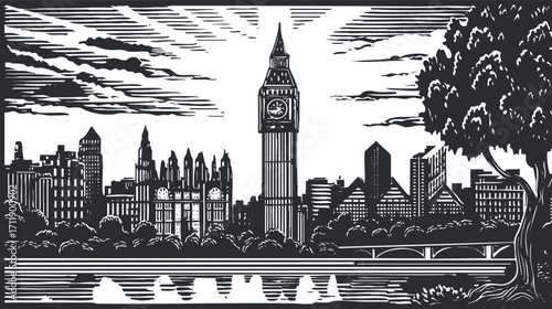 A detailed black and white illustration of London's skyline featuring Big Ben and surrounding architecture.