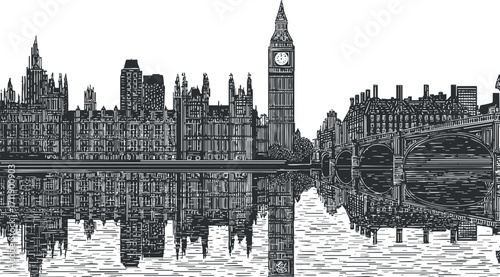 Black and white illustration of London skyline featuring Big Ben and the River Thames.