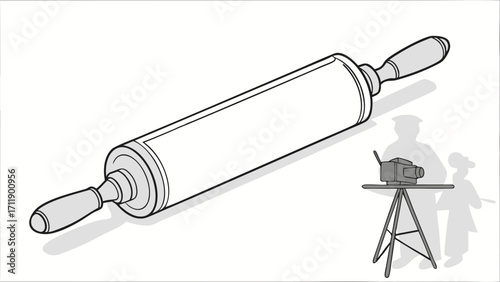 Isometric illustration of a rolling pin kitchen utensil baking tool photography studio setup.