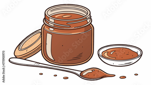 Jar of Brown Spread Spoon and Small Bowl.