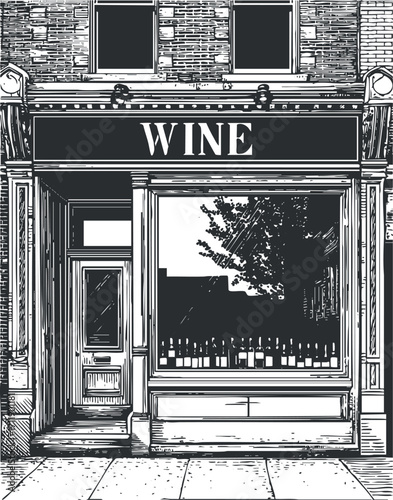Vintage illustration of a wine shop storefront showcasing the entrance and window display.
