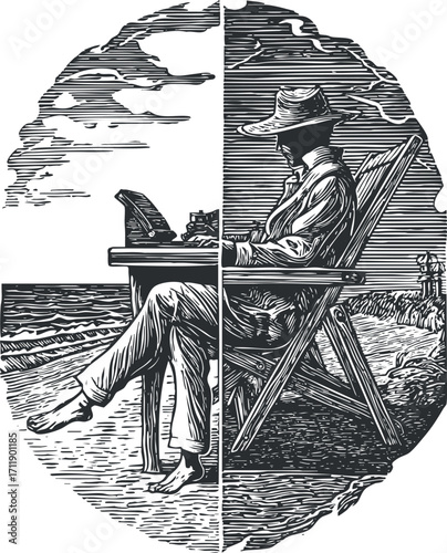 A serene woodcut illustration of a writer relaxing on the beach while contemplating.