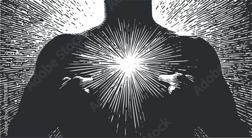 An abstract illustration depicting a human figure radiating light and energy from the chest area.