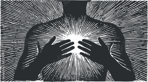 Silhouette of a person with hands over heart radiating light symbolizing wellness and spirituality.