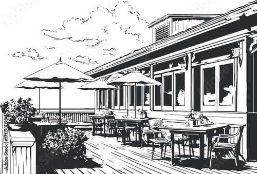 A serene outdoor patio with tables and umbrellas, perfect for dining and relaxation.