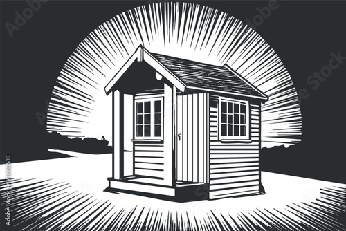 Stylized illustration of a small wooden house with a sunburst effect in the background.