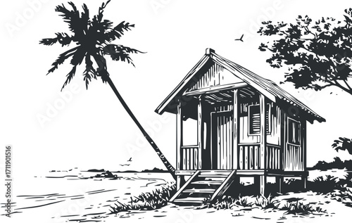 A hand-drawn sketch of a tropical beach house surrounded by palm trees and ocean.