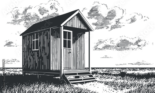 Illustration of a rustic wooden cabin in a scenic outdoor landscape with grass and clouds.