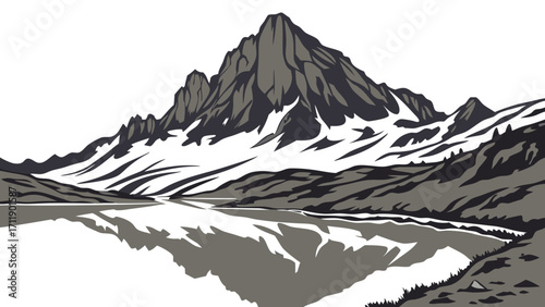 Mountain Lake Reflection Snowy Peak Nature Illustration Graphic Design Element.