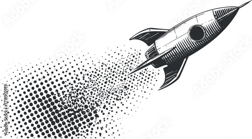 A vintage rocket blasting off into space with a dotted trail symbolizing speed and innovation.