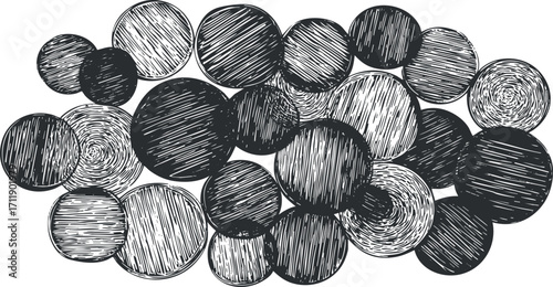 An abstract illustration featuring a variety of black and white circles arranged creatively.