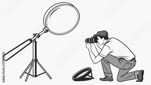Photographer with camera and reflector studio lighting setup photography illustration vector graphic black and white image.