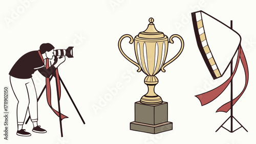 Photographer shooting a trophy with studio lighting setup award ceremony competition victory achievement success prize winner champion graphic design illustration flat design simple d.