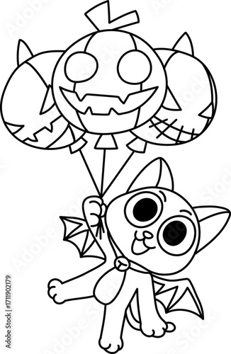 Bat Cat Flying with Halloween Pumpkin Balloons (Coloring Page Outline Illustration)