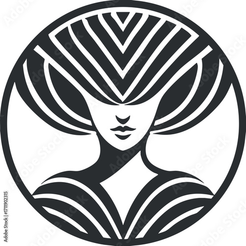 Stylized silhouette of a woman with abstract headwear in a minimalist circular design.