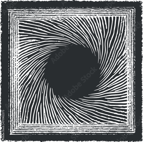 An abstract black and white spiral design with intricate lines forming a circular pattern.