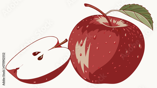 Red Apple with Slice Fresh Fruit Illustration Healthy Food Graphic Vegetarian Diet Image.