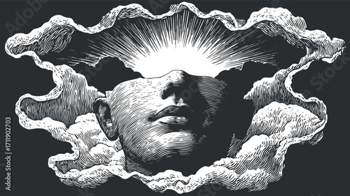 A surreal illustration of a head emerging from clouds with radiant light symbolizing creativity and imagination.